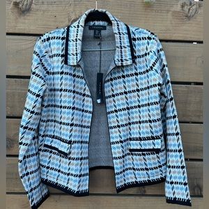 NWT Tahari plaid open front long sleeve cardigan sweater Blue& black size Medium